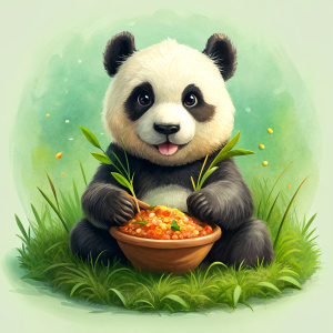 a panda sitting on grass and eating biryani,
