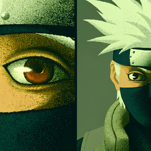 Digital illustration of Kakashi Hatake from Naruto in a detailed 3D render. First section showcases Kakashi's detailed Sharingan eye and headband. Second section highlights his white hair and ANBU vest with forehead protector.