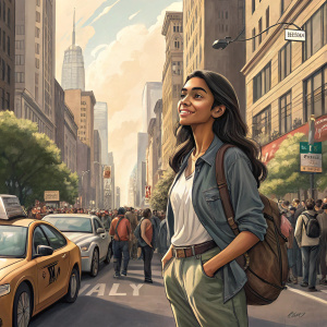 Ambra Battilana Gutierrez, a South Asian actress, in a casual outfit, standing in a bustling city street. Background filled with people and cars.