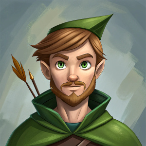 25 year old hunter with beard similar to Robin Hood using Anna Lang's illustration style