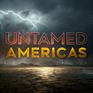 Dramatic title sequence for 'Untamed Americas' on a National Geographic show. Dark, textured background with vibrant title