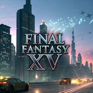Digital illustration featuring the 'Final Fantasy XV' logo. Futuristic cityscape background. Dynamic design elements