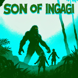 Poster for 'Son of Ingagi' 1940. Imposing jungle beast towering over terrified characters. Green, brown, and yellow hues. Actors in distress, alarmed expressions.