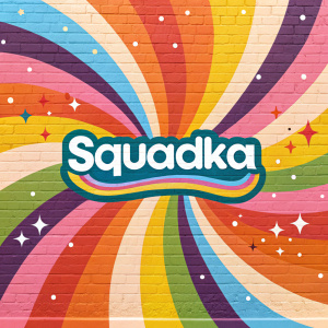 Bright and colorful advertisement for Squadka. Vibrant background with swirling shapes and lines in multiple hues.