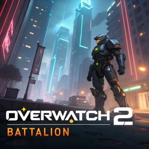 Official poster for Overwatch 2's Battalion expansion. Futuristic robot character in urban environment. Battle royale gameplay highlighted. Free to play. Release date announced.