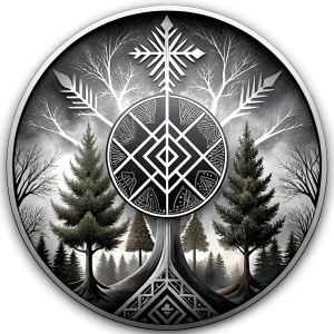 vegvisir geometric symbols - ragnar and trees - tattoo design - perfect realistic art - high-definition - grey and black - white background 