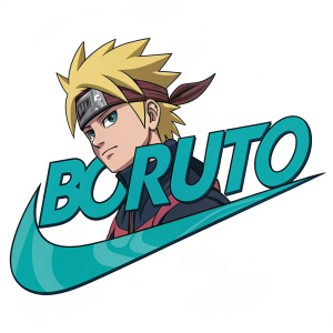 Digital art featuring Boruto's face merged with stylized Nike swoosh logo. Colors include brown, blonde for hair, teal highlights. 'Boruto' text integrated into design