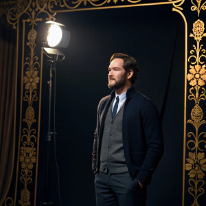 Mark-Paul Gosselaar, actor, stands solo in spotlight interview. Dark background with intricate gold border design.
