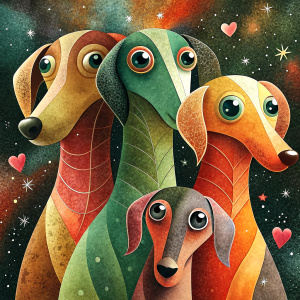 Stylized dog with elongated bodies and large, expressive eyes, standing in a row. Each of them has a different color and size.
They are artistically represented, with long, thin bodies, and large, round eyes.
One is tall yellow that stands out in the center.
Another smaller orange-red on the right.
Their eyes are disproportionately large compared to their bodies, giving them a cartoonish appearance.
The background is darkand features raindrops falling vertically