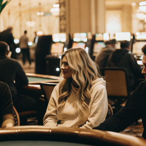 Jennifer Harman, blonde poker player, in a casual setting, wearing a Full Tilt Poker hoodie. She is at a bustling casino, surrounded by gaming tables and slot machines.
