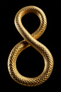 snake uroboros, infinity sign,(gold snake), black background, amulet