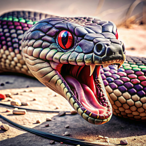 angry snake with scars, operations staples, green purple, rock and dark, realistic