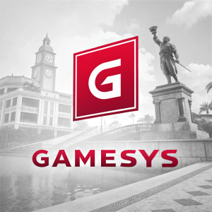 A minimalist logo for Gamesys, featuring a bold 'G' centered within a sleek red rectangle. The design employs white and red hues, with sharp lines and a modern aesthetic.
