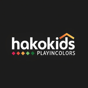 Digital illustration of Hakokids brand logo. White text 'Hakokids' and 'playincolors' on black background. Modern and sleek design.