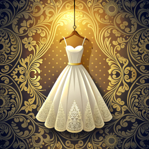 Beautiful white wedding gown on golden hanger and ornamental background. Vector illustration.