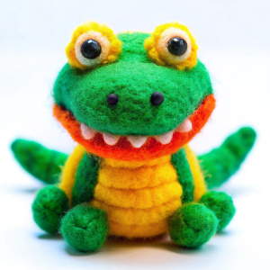 Close-up. Front view, Cute and smile Anthropomorphic Crocodile made of wool and lint