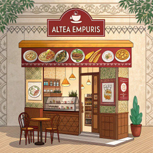 Altea Empuris, a cozy café specializing in Spanish and Greek delicacies, boasts a vibrant logo at the top. The interior design showcases the best flavors of Spain and Greece, with the café's website address prominently displayed at the bottom.
