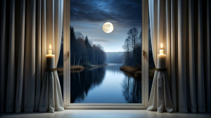 dark night window open curtain, candle, full moon, still water, forest, dark night, midnight black 