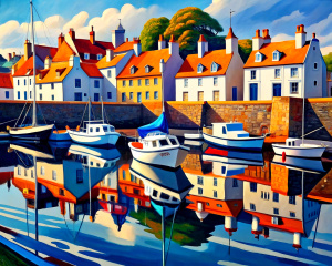 St Monans harbour in Fife with boats,style of Mandy Budan,acrylic painting,wide angle