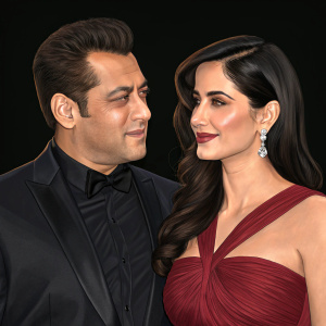 Salman Khan and Katrina Kaif attend premier event. Black background, formal attire. 
