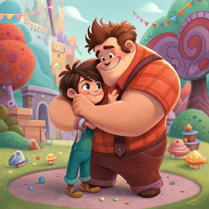 Illustration of Wreck-It Ralph hugging a small friend. Colorful, cartoonish background with lots of vibrant details.