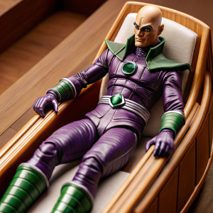 A detailed 3D model of Lex Luthor in a sleek, high-tech outfit. Purple and green color scheme.