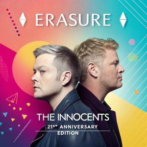 Album cover for Erasure's 'The Innocents - 21st Anniversary Edition' designed with a modern twist. Vibrant colors and abstract shapes, digital art style