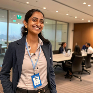 Manpreet Kaur, smiling in a business casual outfit. Wearing Qonto key account manager badge. Conference room background, peers in the background