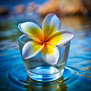 Photo flower frangipana in a glass with water close-up.