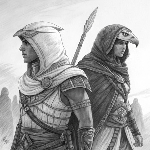 Sketch of Bayek and Aya from Assassin's Creed Origins. Detailed and realistic style, focusing on intricate details of their attire.
