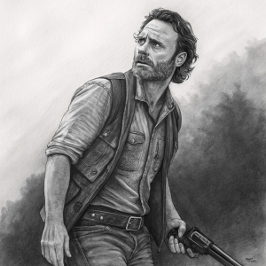 Detailed charcoal drawing of Andrew Lincoln as Rick Grimes from The Walking Dead.