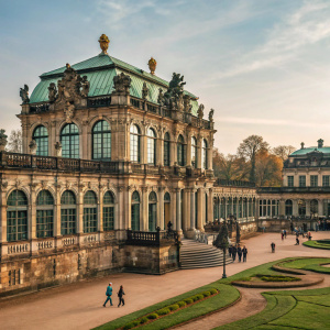 The Zwinger palace in Dresden, Germany, a majestic structure with detailed architecture. Ornate facade with many windows and stories. People walking around the palace.