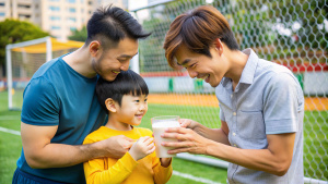 asian gay couple giving a cup of milk for their kid at school football match 
