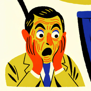 Mr. Bean in a state of shock, eyes wide open, wrinkles clearly visible. Simple line drawing