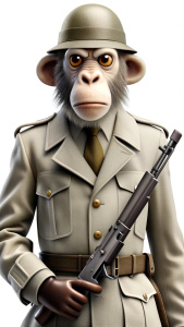 A monkey who wears military clothes and carries a rifle with him