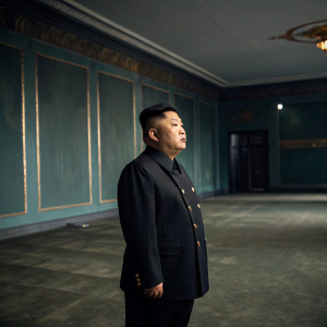Kim Jong Un, serious expression, standing in a vast empty room. The walls are painted in dark shades with faint golden details. Wearing a traditional North Korean black suit with gold buttons.