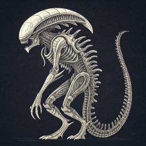 Digital illustration of a Xenomorph. Inspired by the Alien franchise. Black background, intricate details, elongated body, multiple appendages, segmented, flexible tail, sketch-like style, white line drawing