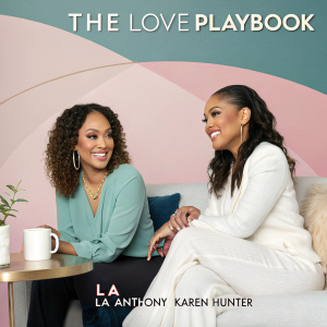 Book cover design for 'The Love Playbook'. Features La La Anthony and Karen Hunter in a cozy, modern setting.