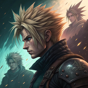 Digital art piece featuring Cloud Strife from Final Fantasy VII, intricate artwork displaying various stages with intense expressions, utilizing hues of brown, black, and teal.