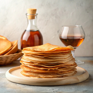 a stack thin crepes and a bottle of cognac in the background