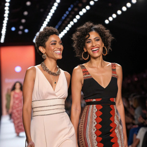 Nicole and Natalie from Nina Sky, smiling brightly on the runway during New York Fashion Week.