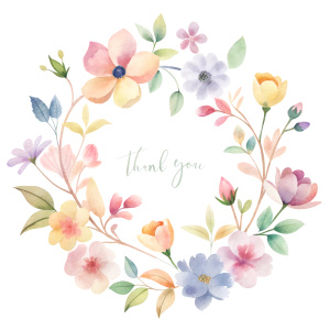 Garland of various flowers around "Thank you", white background