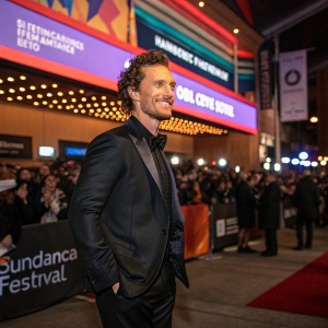 Matthew McConaughey, in a sleek black suit, at the Sundance Film Festival. Crowded and vibrant festival backdrop.