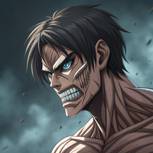 Eren Yeager from Attack on Titan. Muscular face with prominent veins and sharp jawline. Intense snarl. Dark, blurred background with shades of grey and blue.