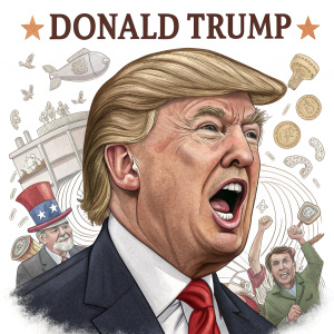 Caricature of Donald Trump with oversized features, wide open mouth, and Spanish phrase. Surrounded by smaller illustrations of diverse faces and objects, conveying satire and criticism.