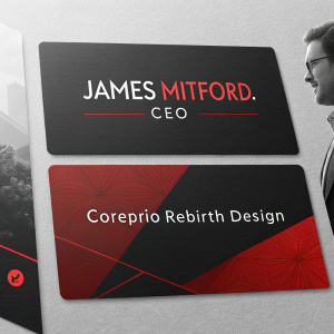 Sophisticated business card series for James Mitford, CEO of Coreprio Rebirth Design. Sleek black and red color scheme. Includes email and physical address.