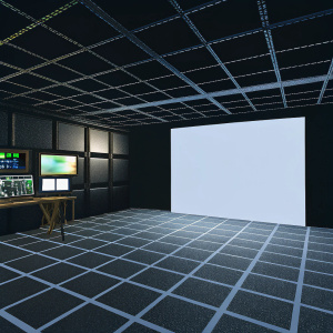 Virtual reality studio setup with digital rendering tools. The workspace is spacious and clean, featuring a grid-patterned floor. Side panel showcases a variety of 3D assets. The main area is dedicated to the creation and editing of a digital scene.