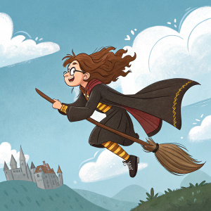 Hermione Granger, in her Hogwarts uniform, flying on a broomstick. Brightly colored cartoon illustration. She looks determined.