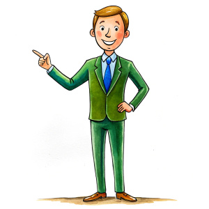 40 years old teacher in suit, as a drawing for a cartoon, on a white background, whole body he points with his hands