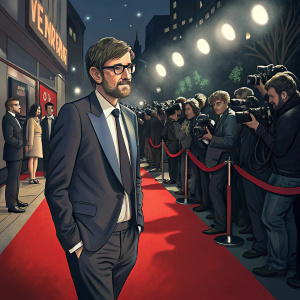 Louis Theroux, in sharp suit and glasses, arrives at the London Film Festival premiere. Crowded red carpet with flashing cameras and attendees in formal attire.